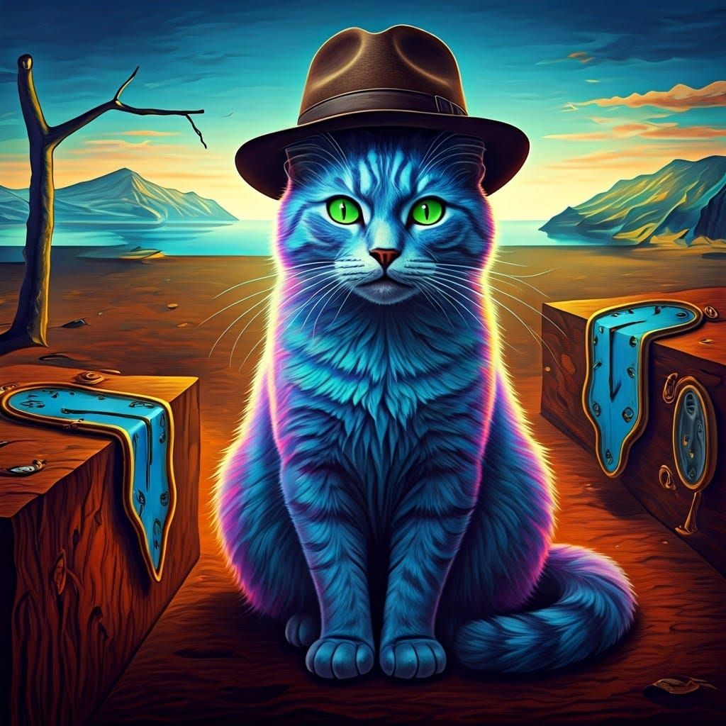 Blue Cat in Surreal Dali-Inspired Dreamscape