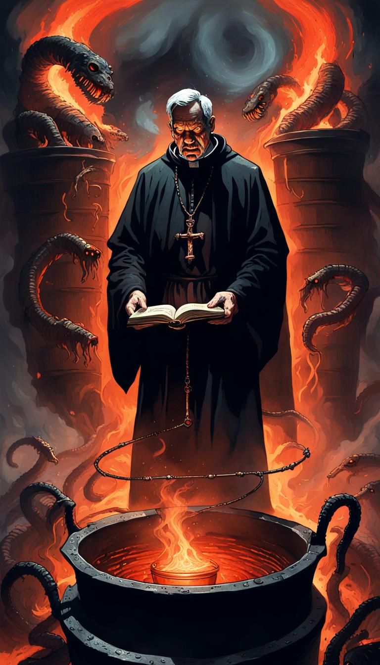 Priest in Cauldron of Worms: Dark Fantasy Illustration