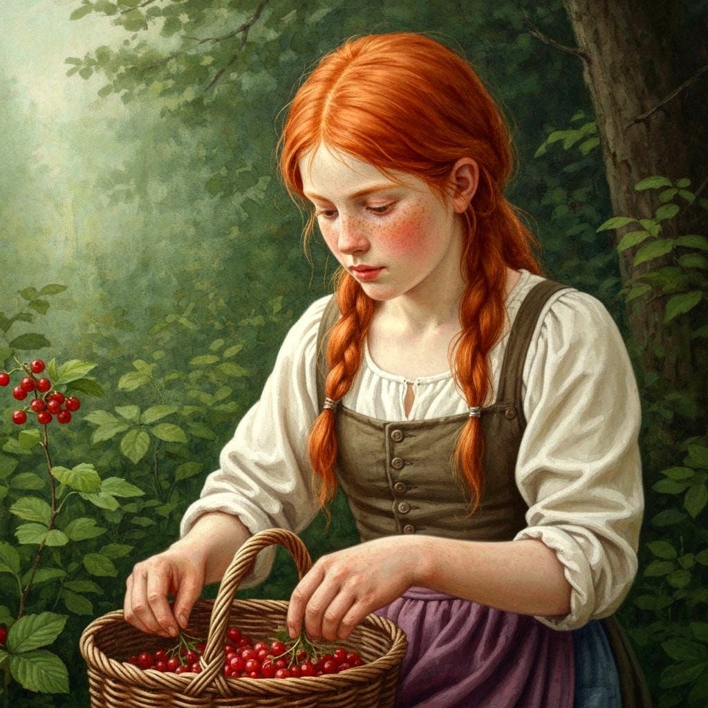 Red-Haired Girl Picking Berries in Watercolor Style