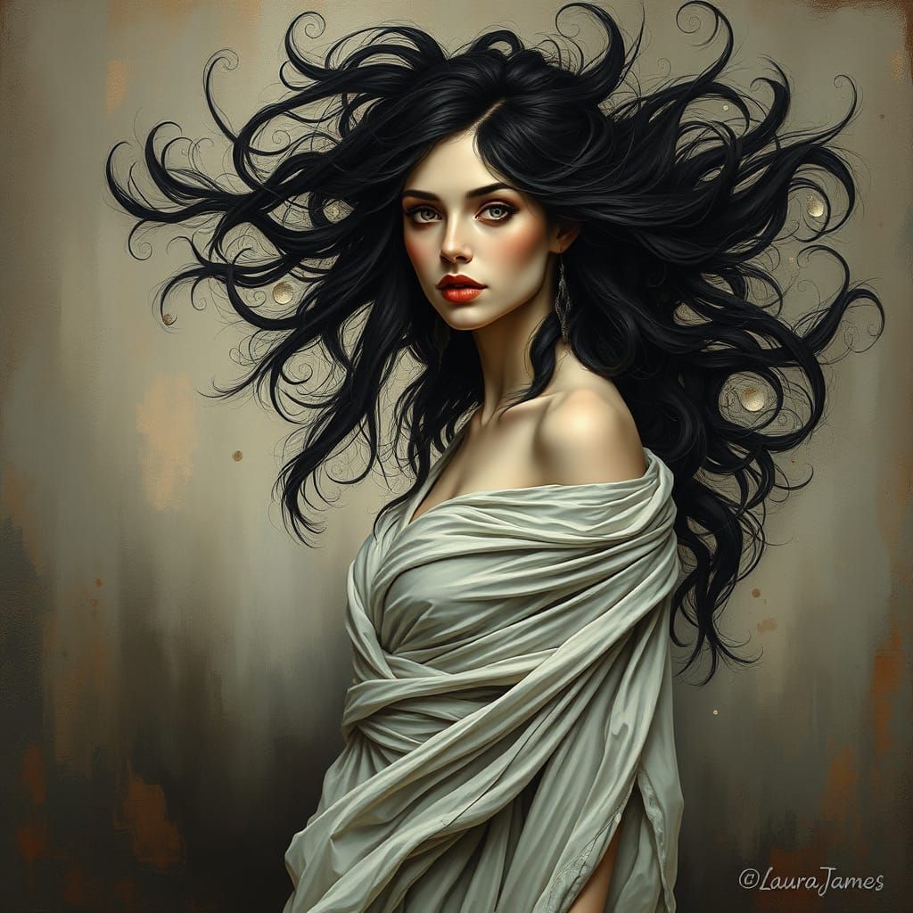 Striking Woman with Abstract Hair in Flowing Gown Oil Painti...