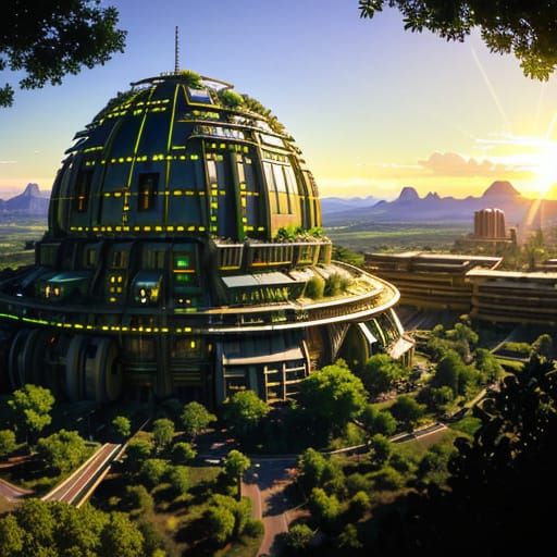 Surreal Eco-Friendly Metropolis in Solarpunk Style