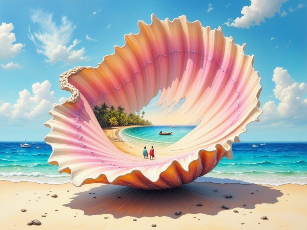 Iridescent Clam Shell Reveals Caribbean Beach, Impasto Style