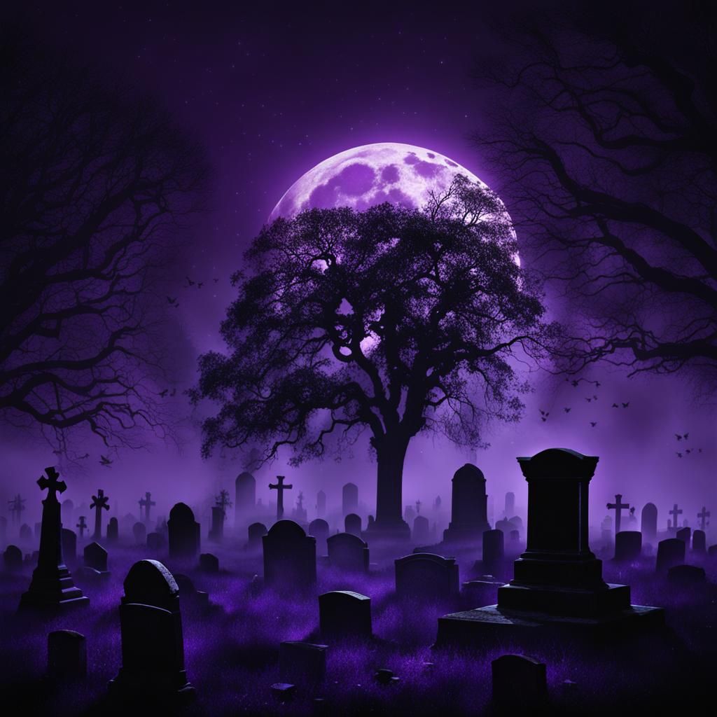 Ethereal Purple Moonlight Over Dark Foggy Cemetery