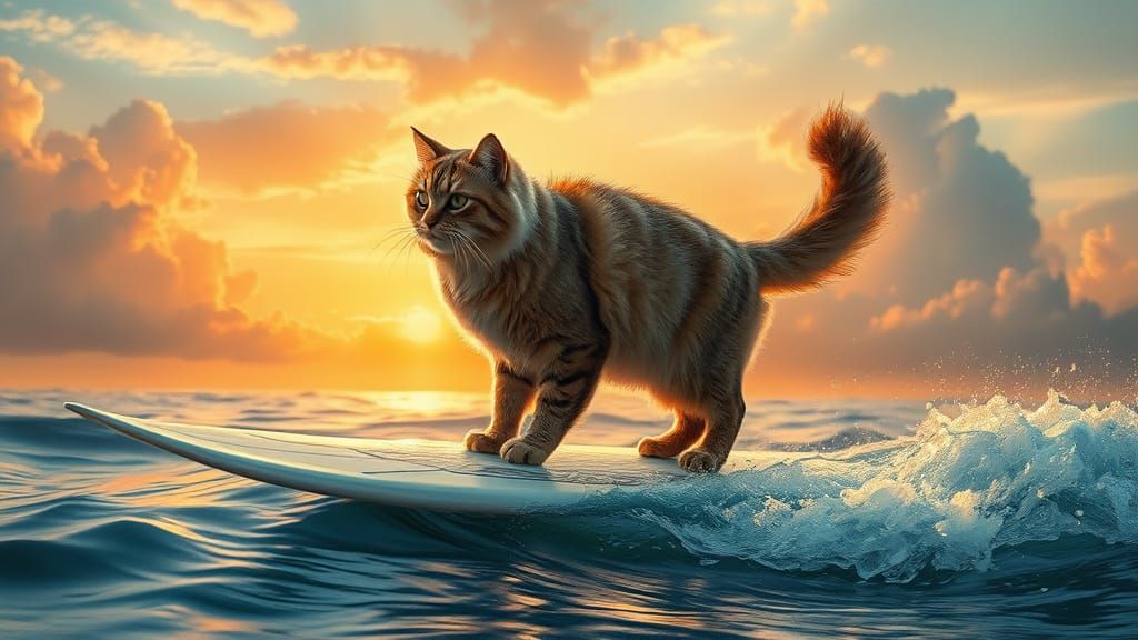Majestic Ocean Goddess Cat Rides Sunset Wave in Dreamy Water...