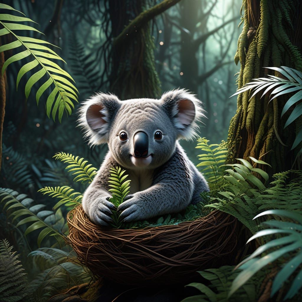 Fantasy Koala in Bioluminescent Ferns