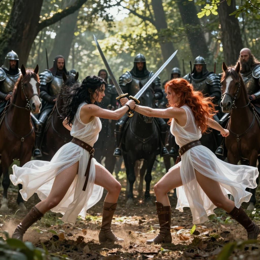 Intense Sword Duel in Sun-Dappled Forest Clearing
