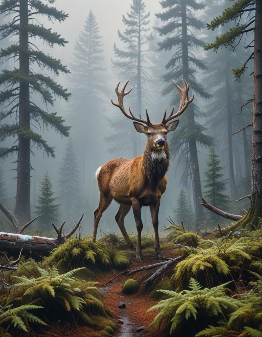 Majestic Deer Emerge from Foggy Washita Mountains