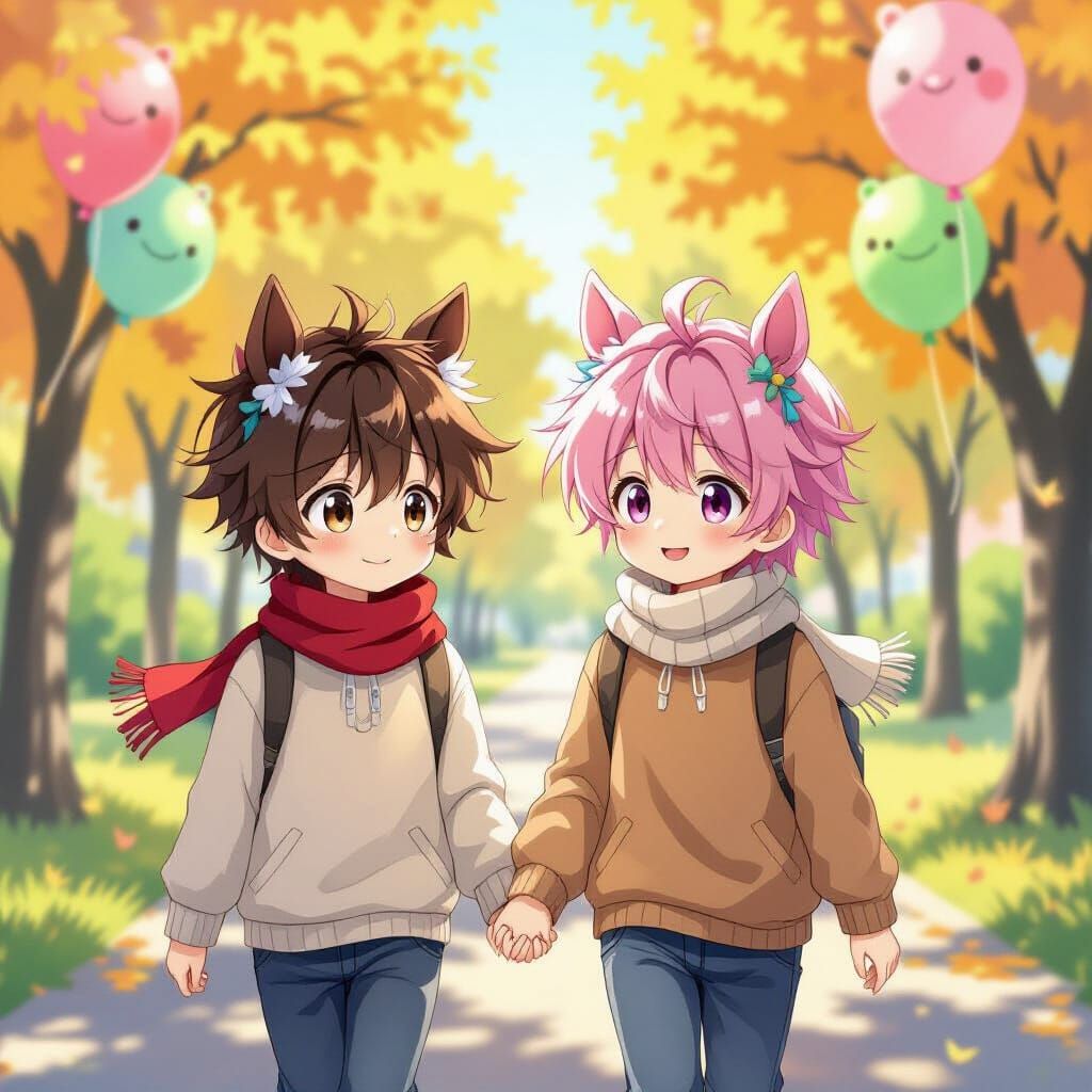 Anime Boys with Horse Ears in a Windy Park
