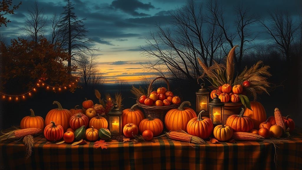 A festive harvest table set under the autumn sky