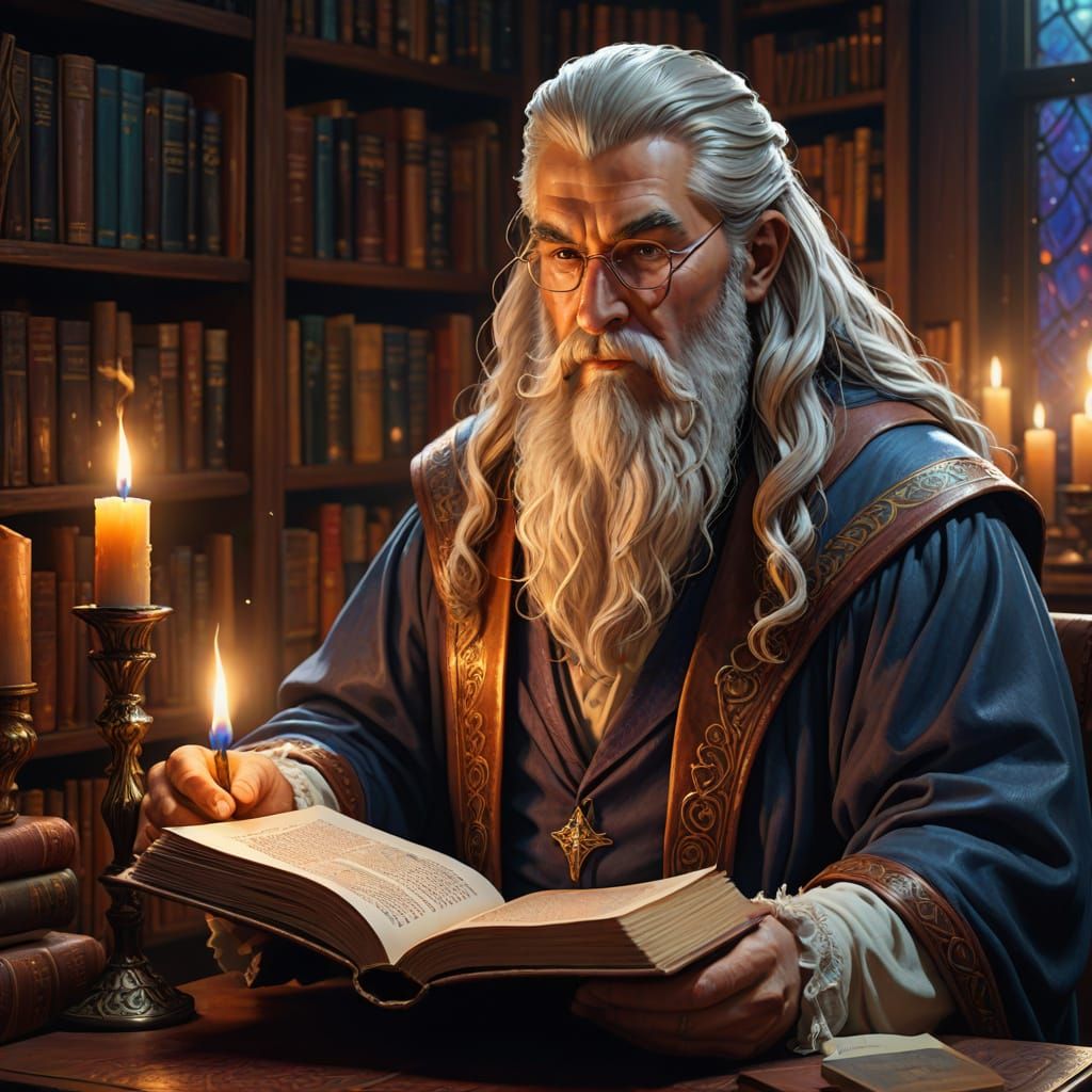 Wizard Reading by Candlelight in Splash Art Style