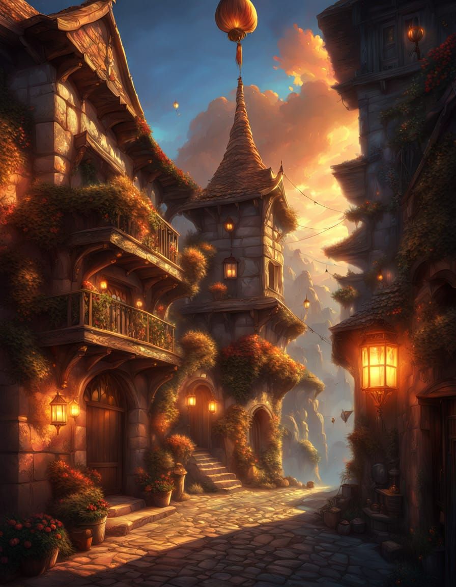 Vibrant Medieval Jester in Whimsical Fantasy Courtyard