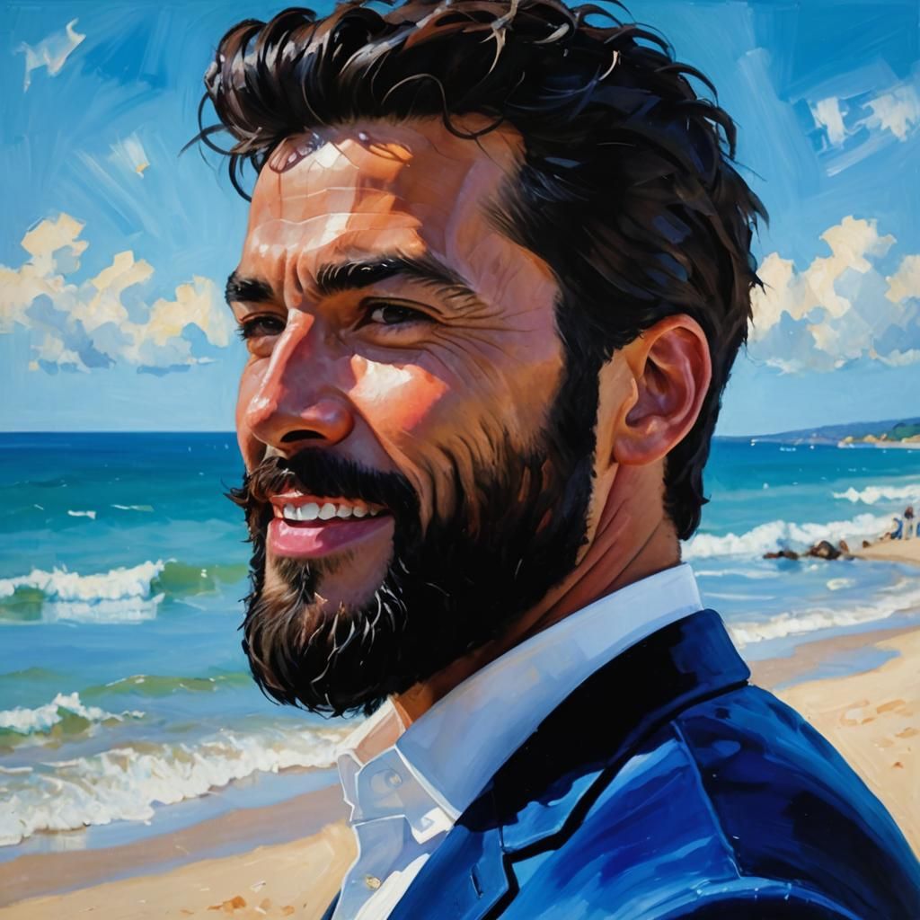 Laughing Man in Blue Suit, Impasto Oil Painting