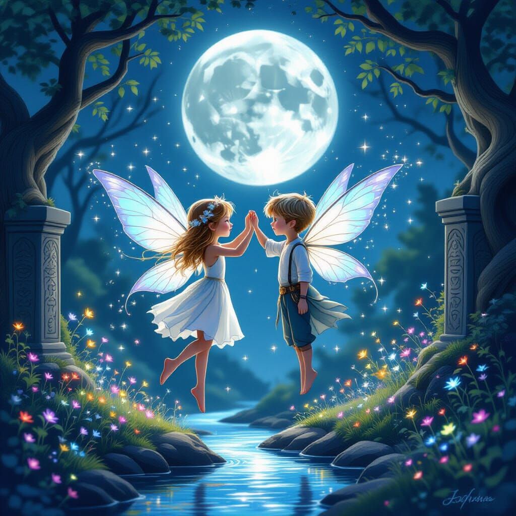 Enchanted Fairy Couple Under Moonlit Grove