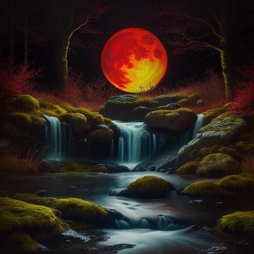 Stunning Celtic waterfall covered with traditional Celtic signs. Red moon, fire, flames. moss and ice in the background....