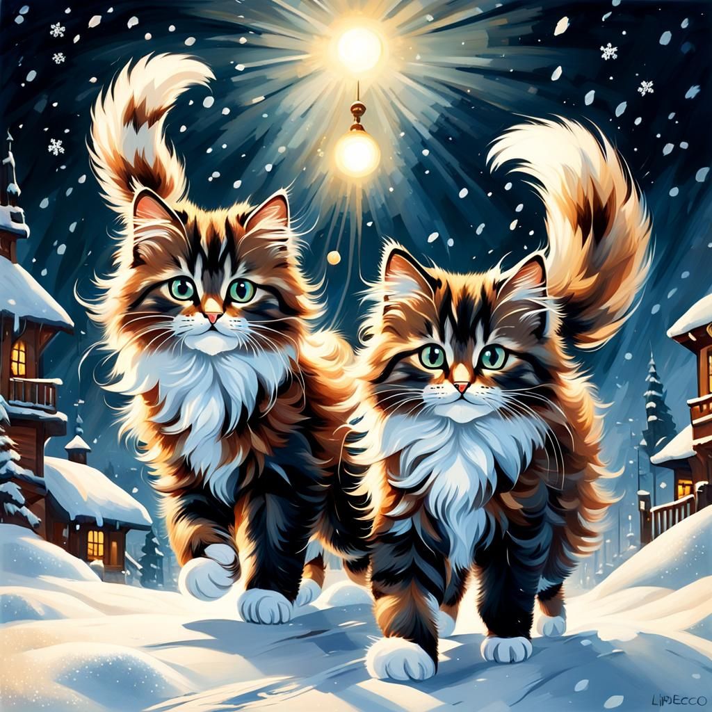 Fluffy Kittens in Snow, Art Deco Folk Art