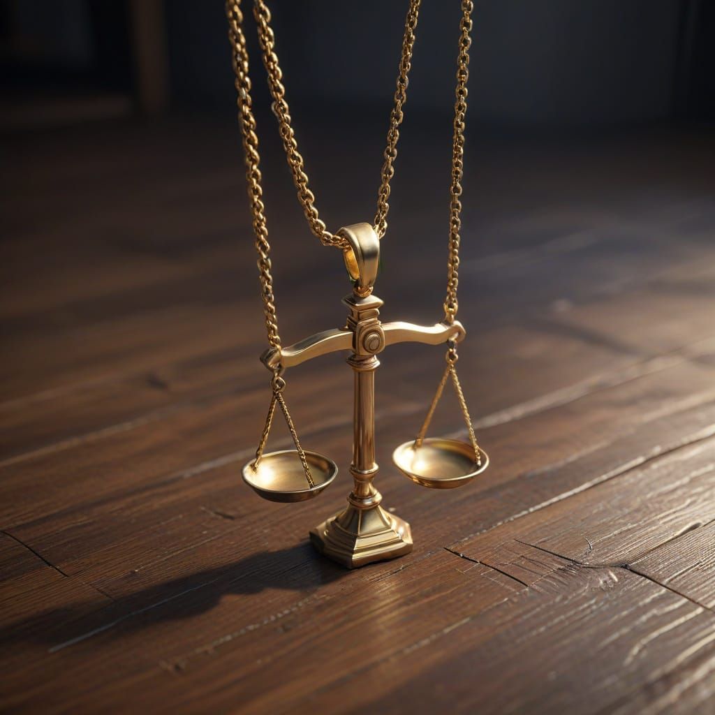 Golden Justice Scale Pendant on a Wooden Surface