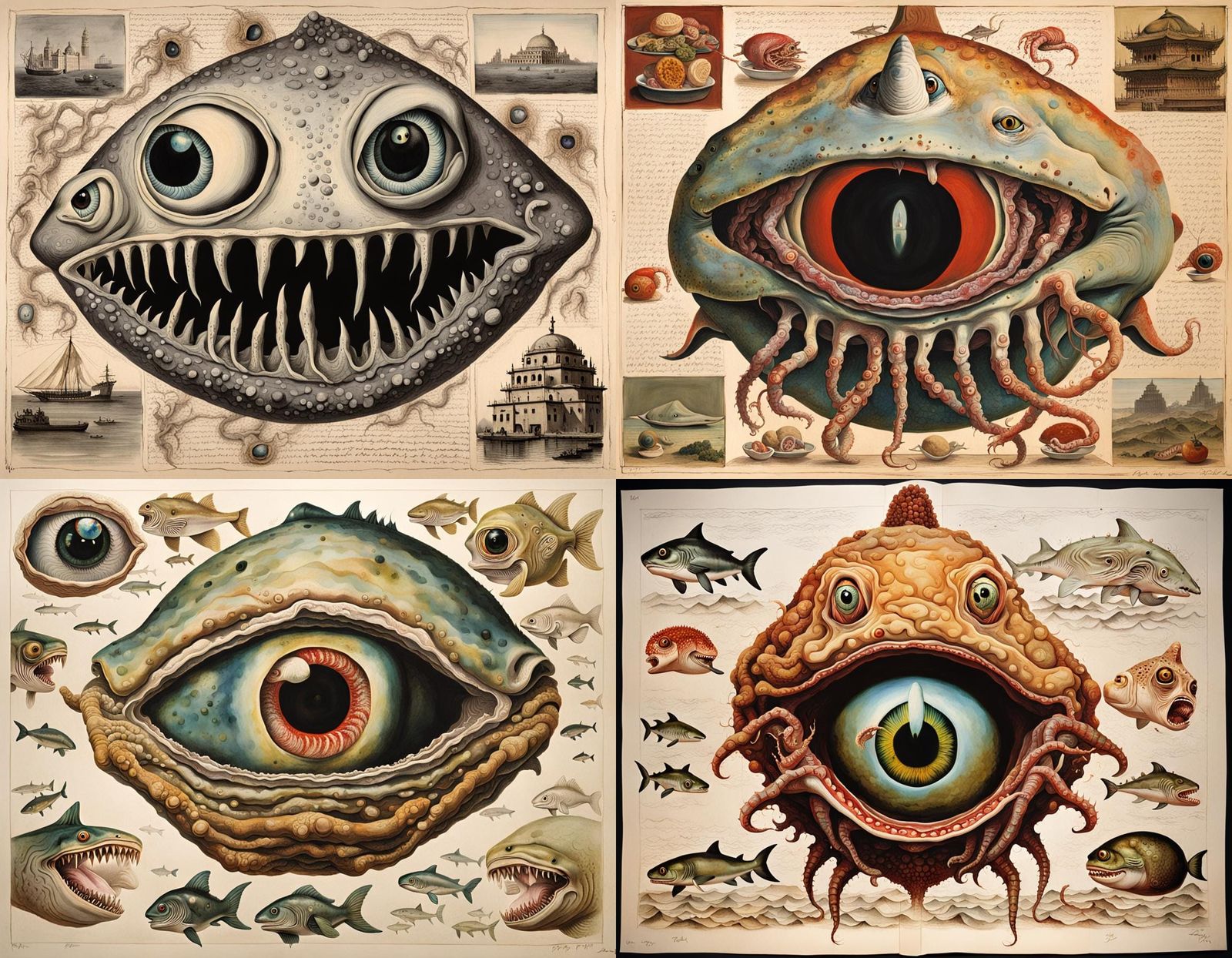 Monstrous Shark-Squid Hybrid in Surreal Horror Style