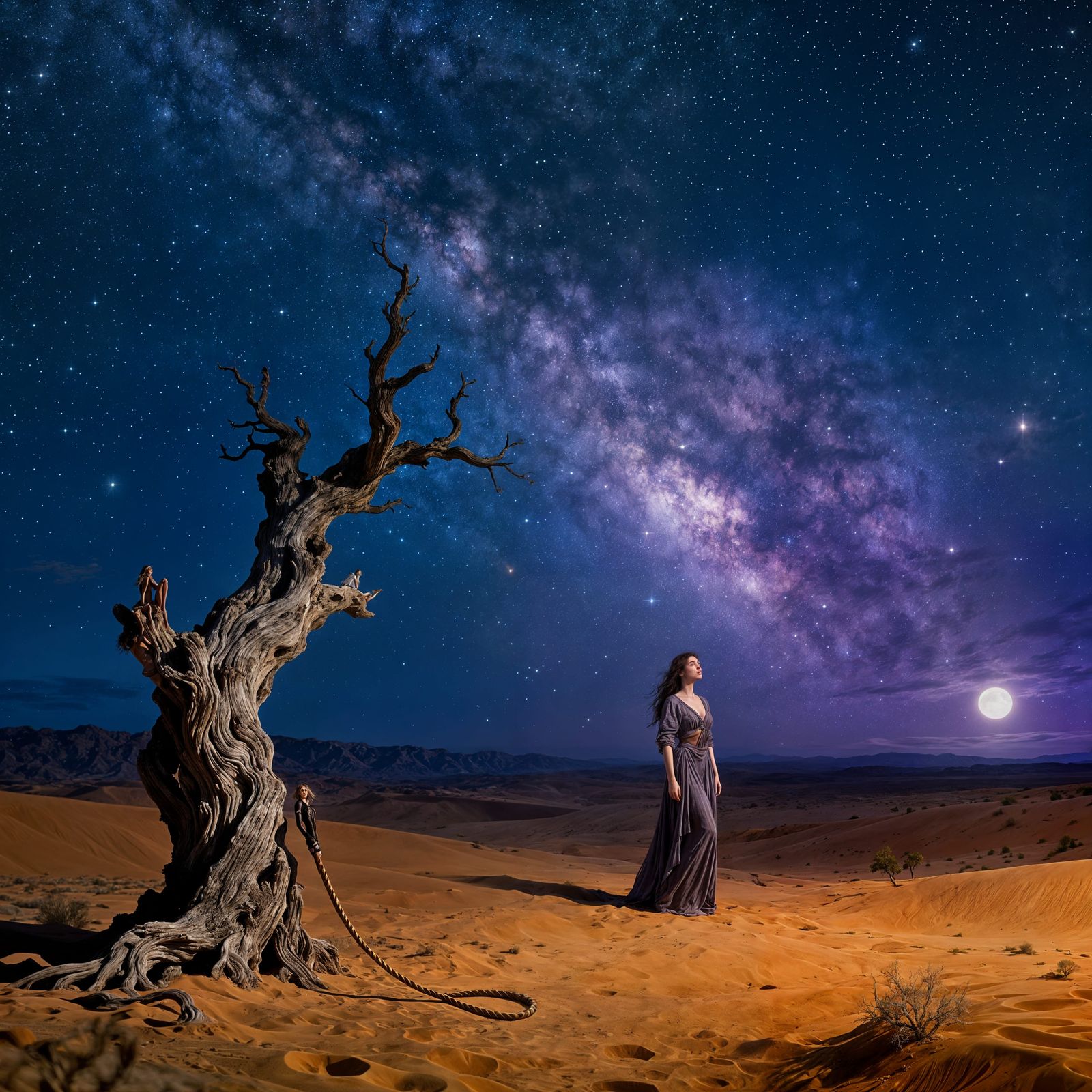 Woman in Desert Under Milky Way with Whip Tree