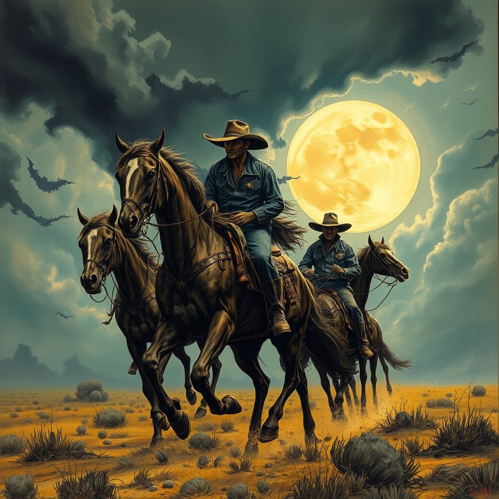 Cowboys Ride Skeletal Horses Across a Haunting Stormy Landsc...