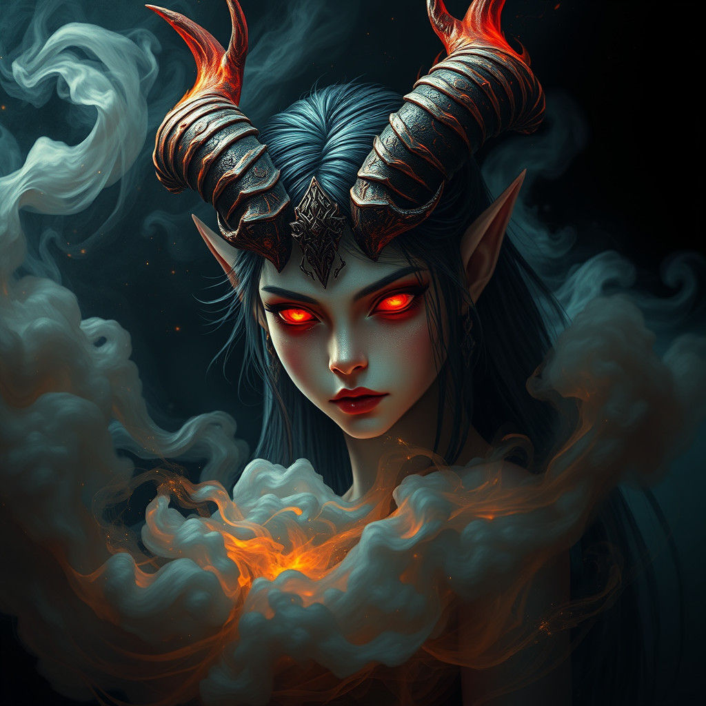 Fiery Horned Demon Girl in Detailed Matte Painting Style