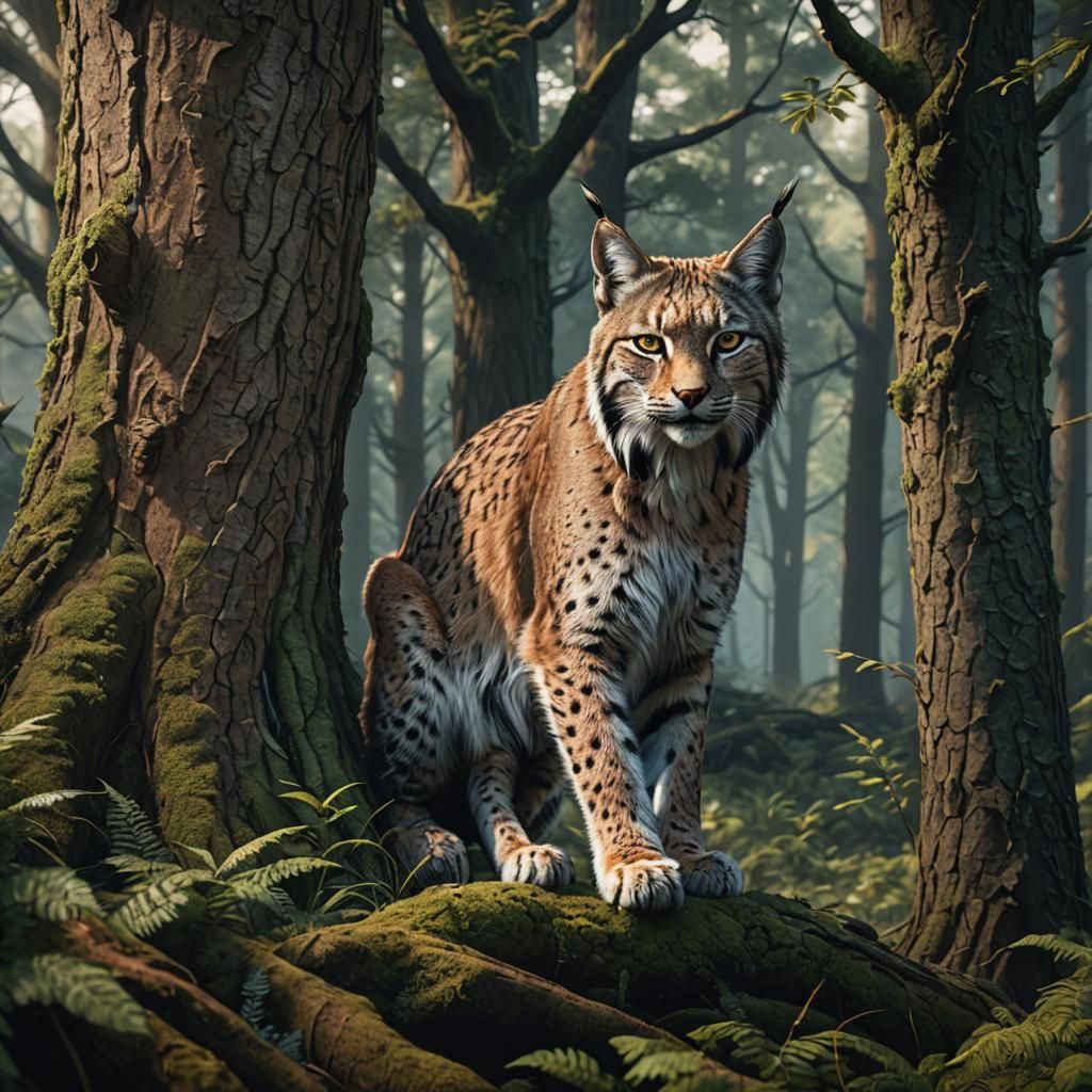 Lynx Hiding in Forest: Detailed Matte Painting