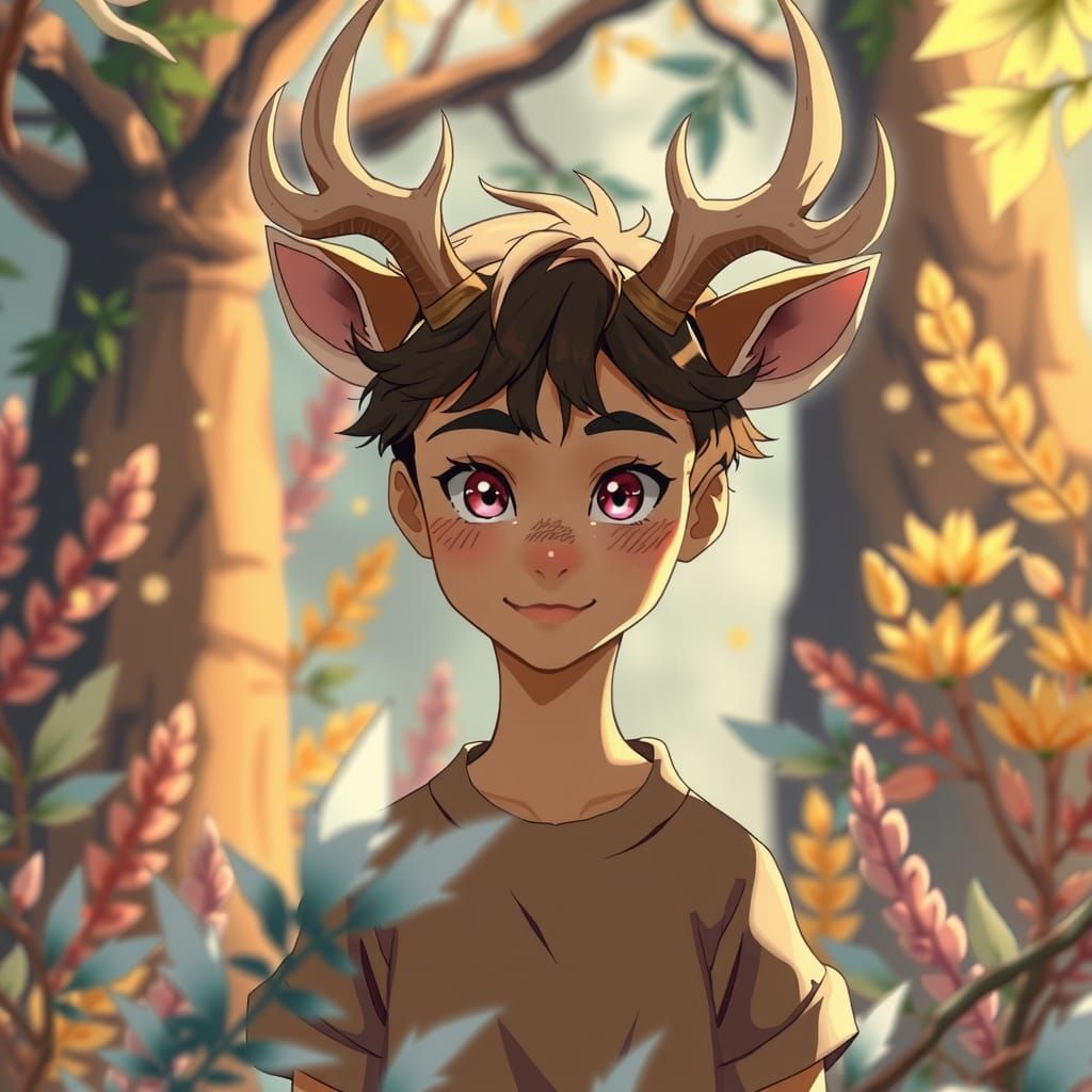 Youthful Elk Demihuman in Anime Key Visual Style