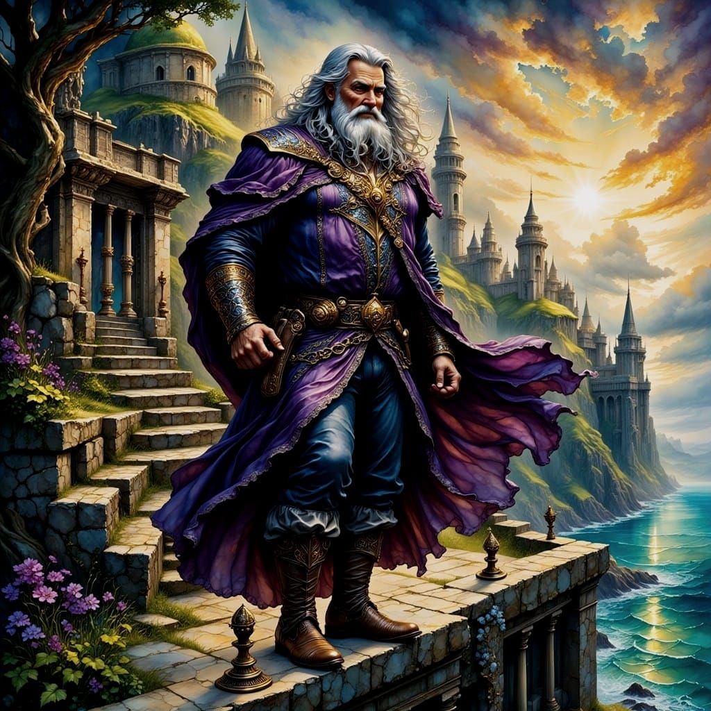 Regal Warrior on Seaside Castle Rampart in High Fantasy Styl...
