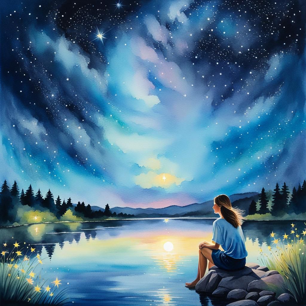 Watercolor Woman by Lake with Angelic Energy