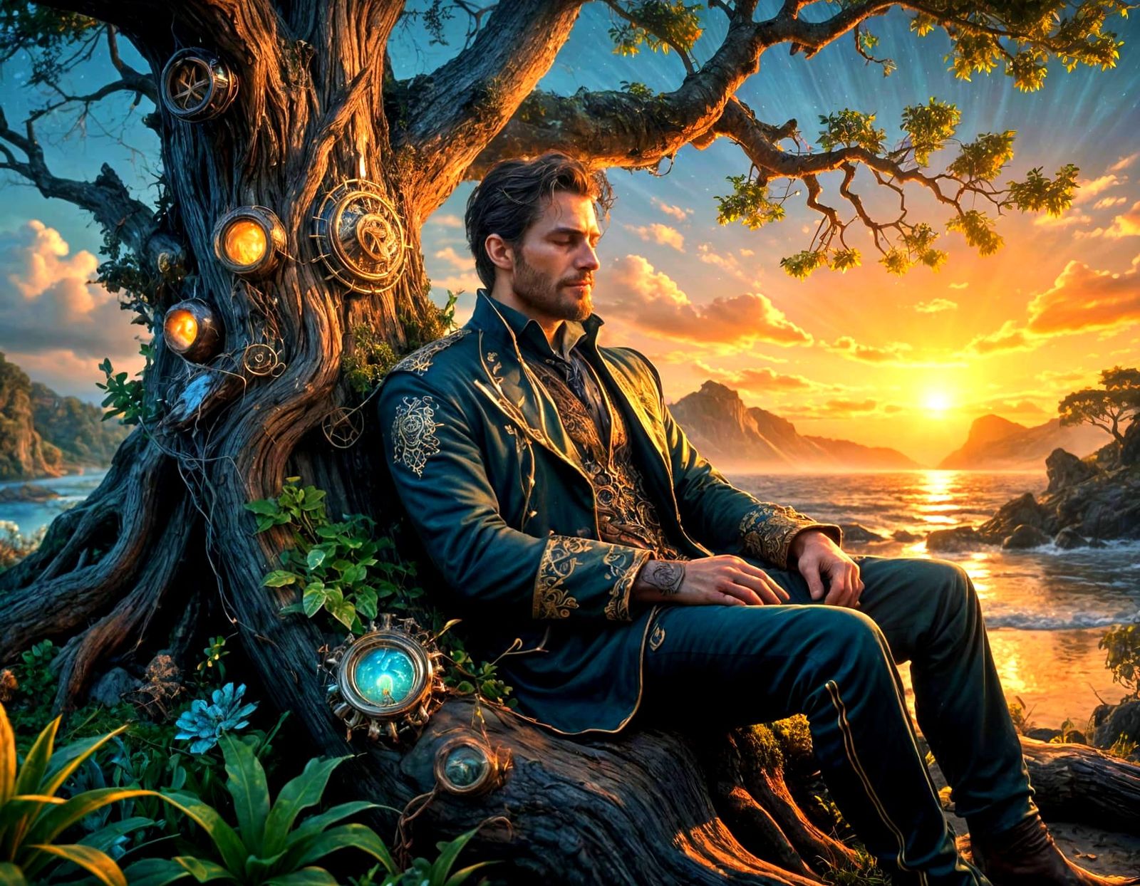 Ancient Tree Radiates Light in Steampunk Glade