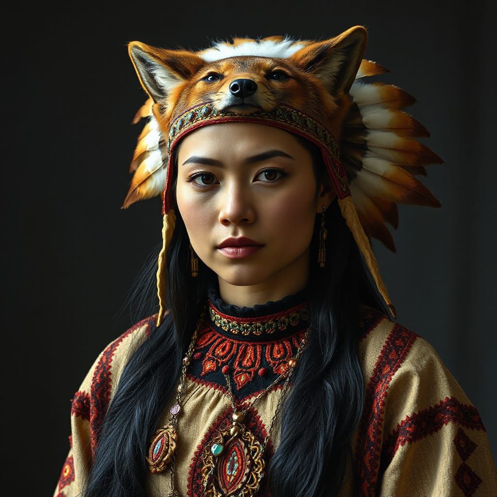 Cree Goddess in Impasto Style with Coyote Headdress