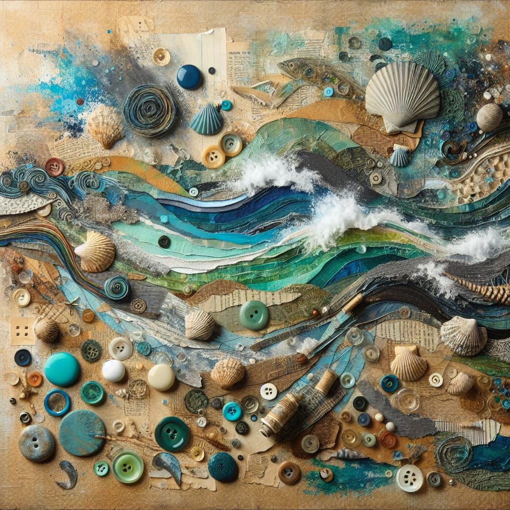 Abstract Oceanic Scene in Mixed Media Collage