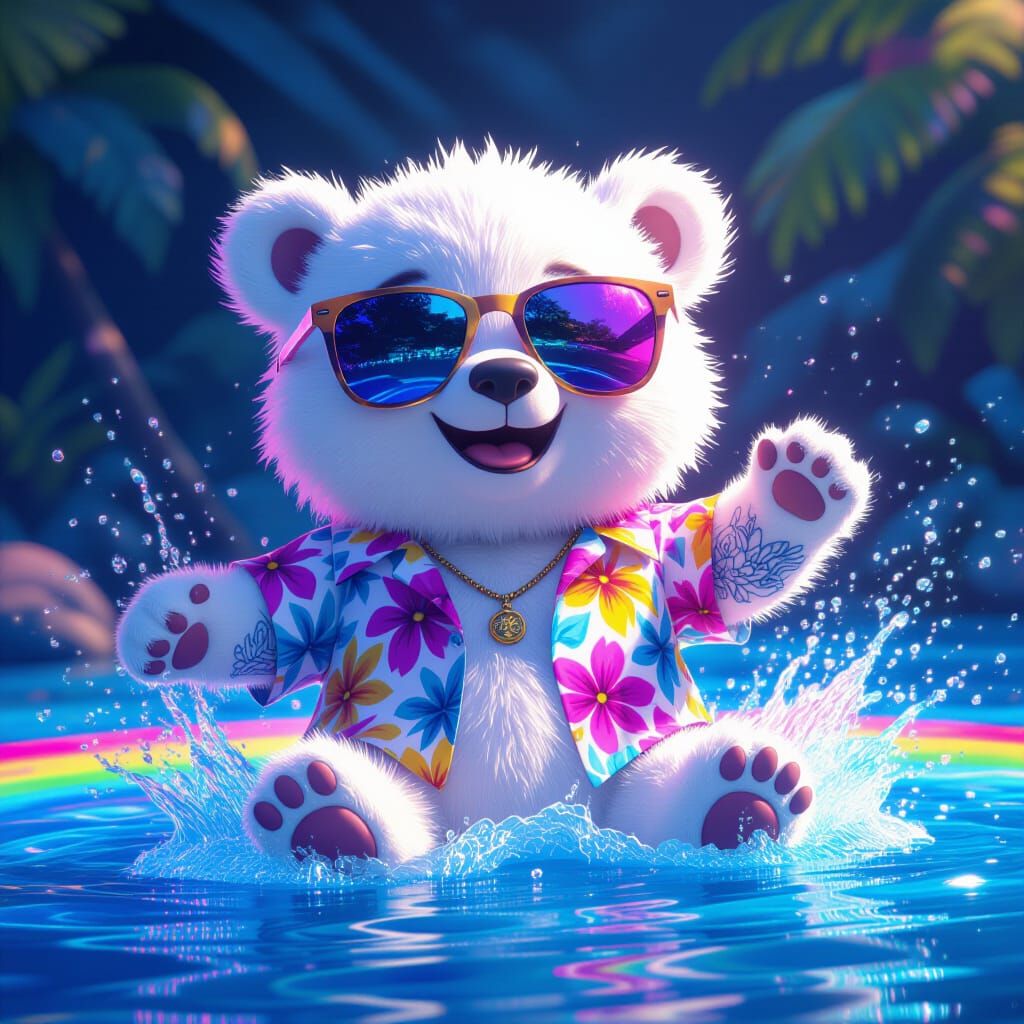 Neon Chibi Polar Bear Splashing in Rainbow Water