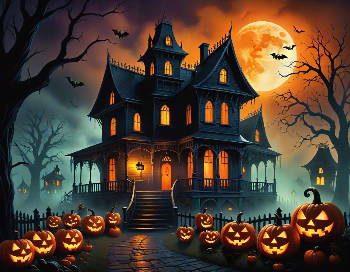 Children Trick-or-Treating at a Haunted House on Halloween N...