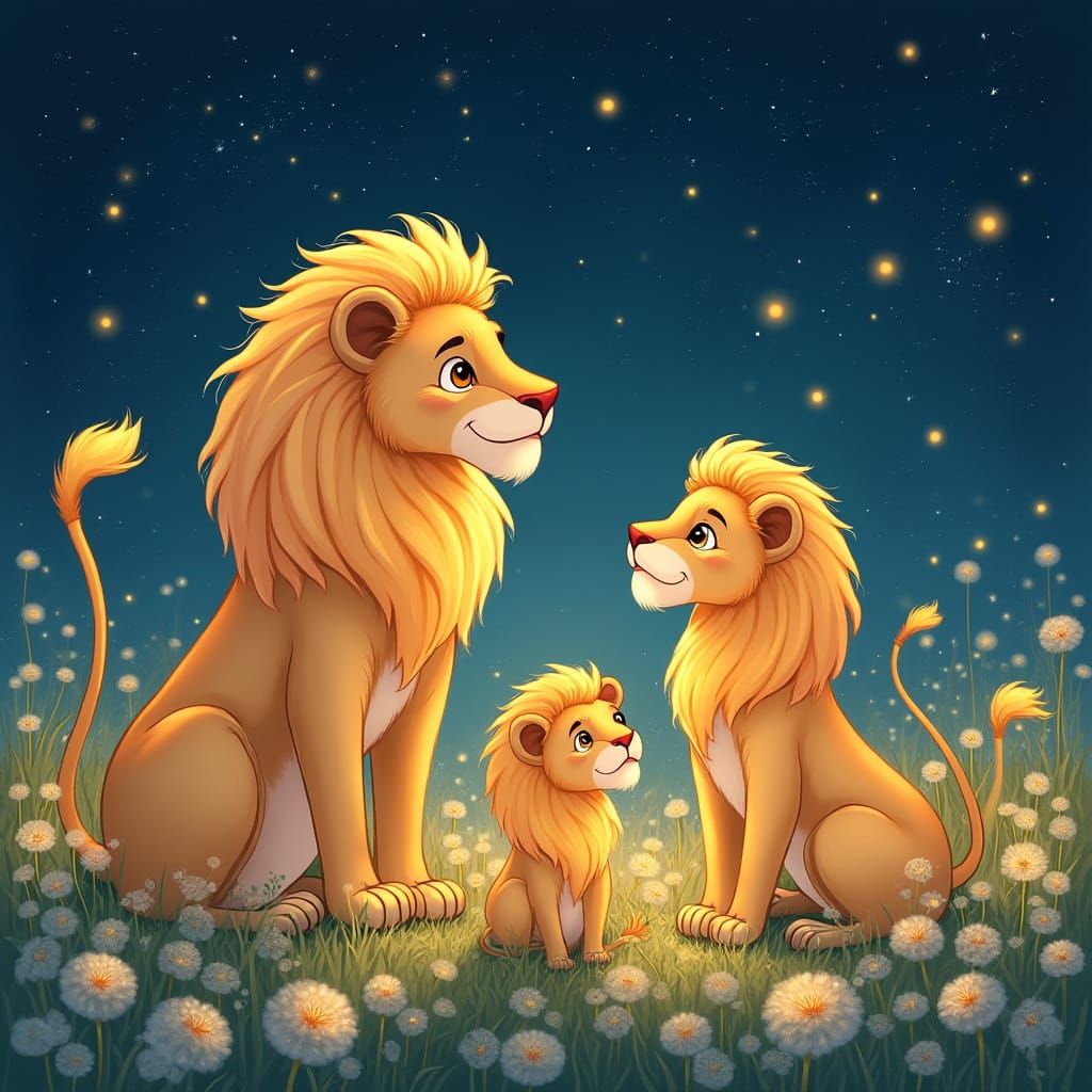 Regal Lion Family Basks in Whimsical Dandelion Field