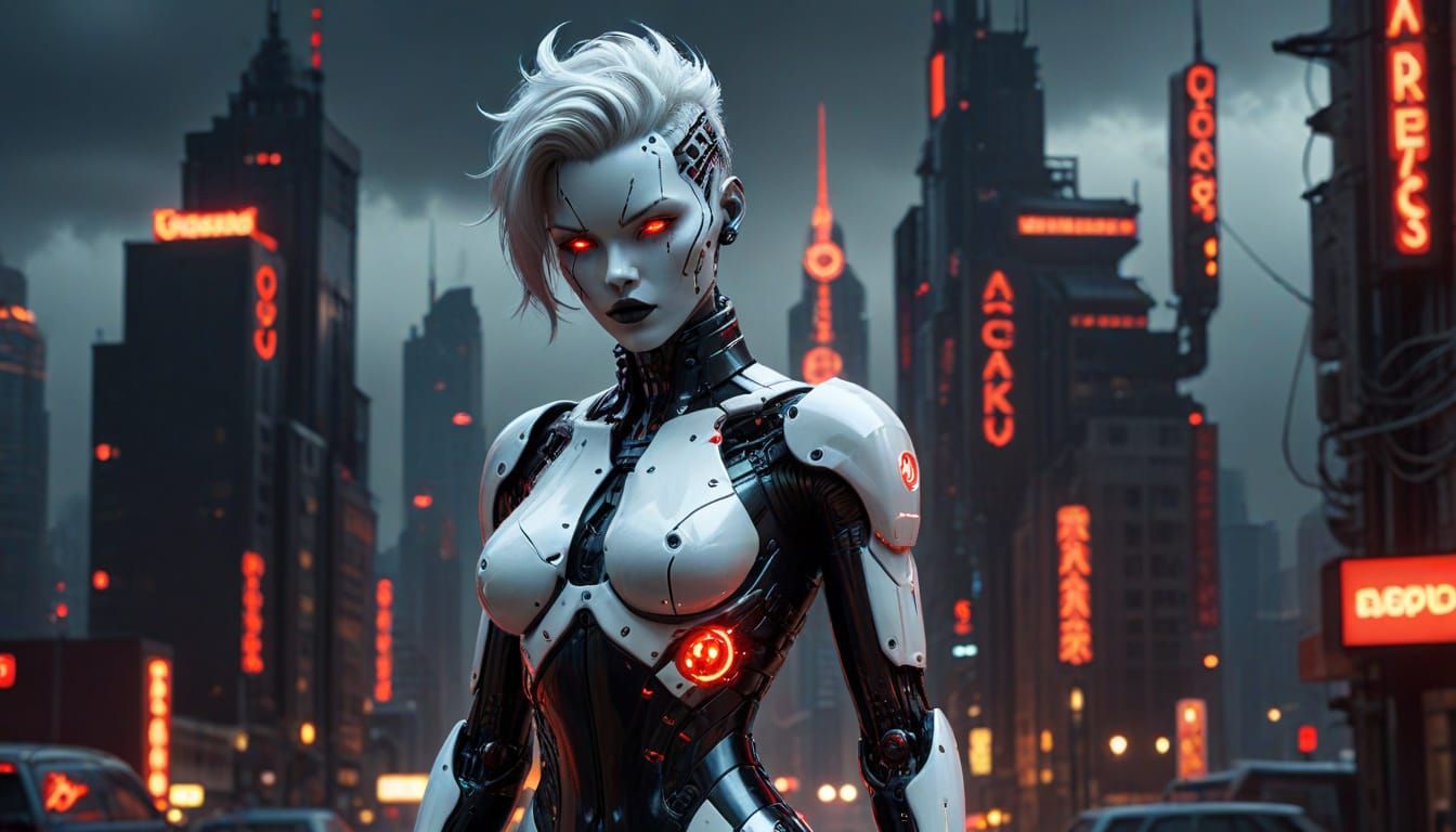 Frightening Gynoid in Cyberpunk Cityscape