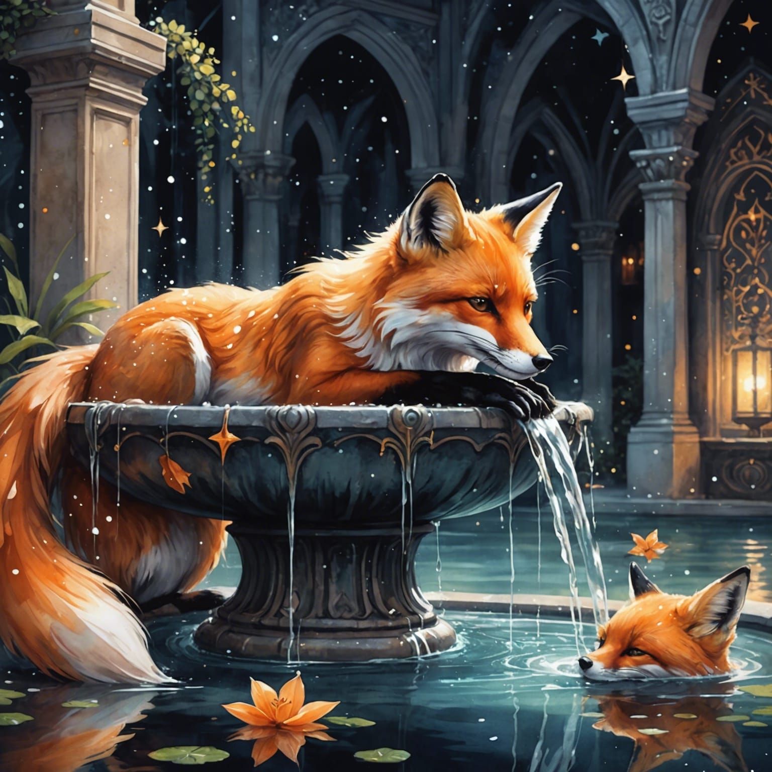 Orange Fox at Mystical Fountain: Watercolor Art