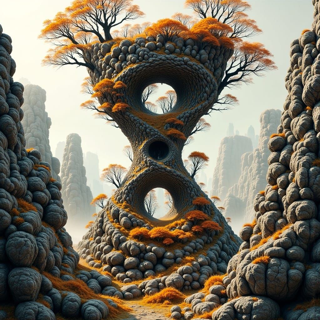a drawing of a rock formation shaped like an hourglass, trees are growing from the rocks, leaves of fall are falling <lo...