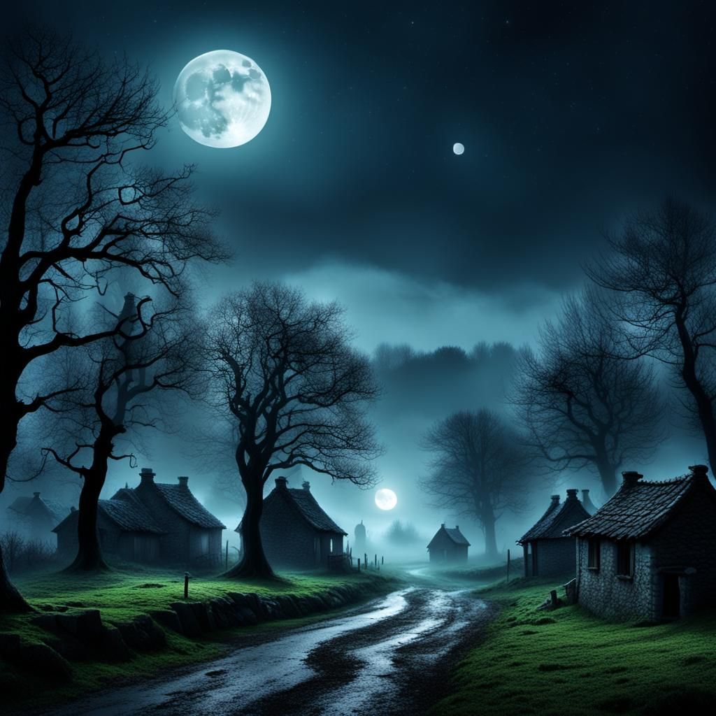Eerie Village Under Moonlight in Fog