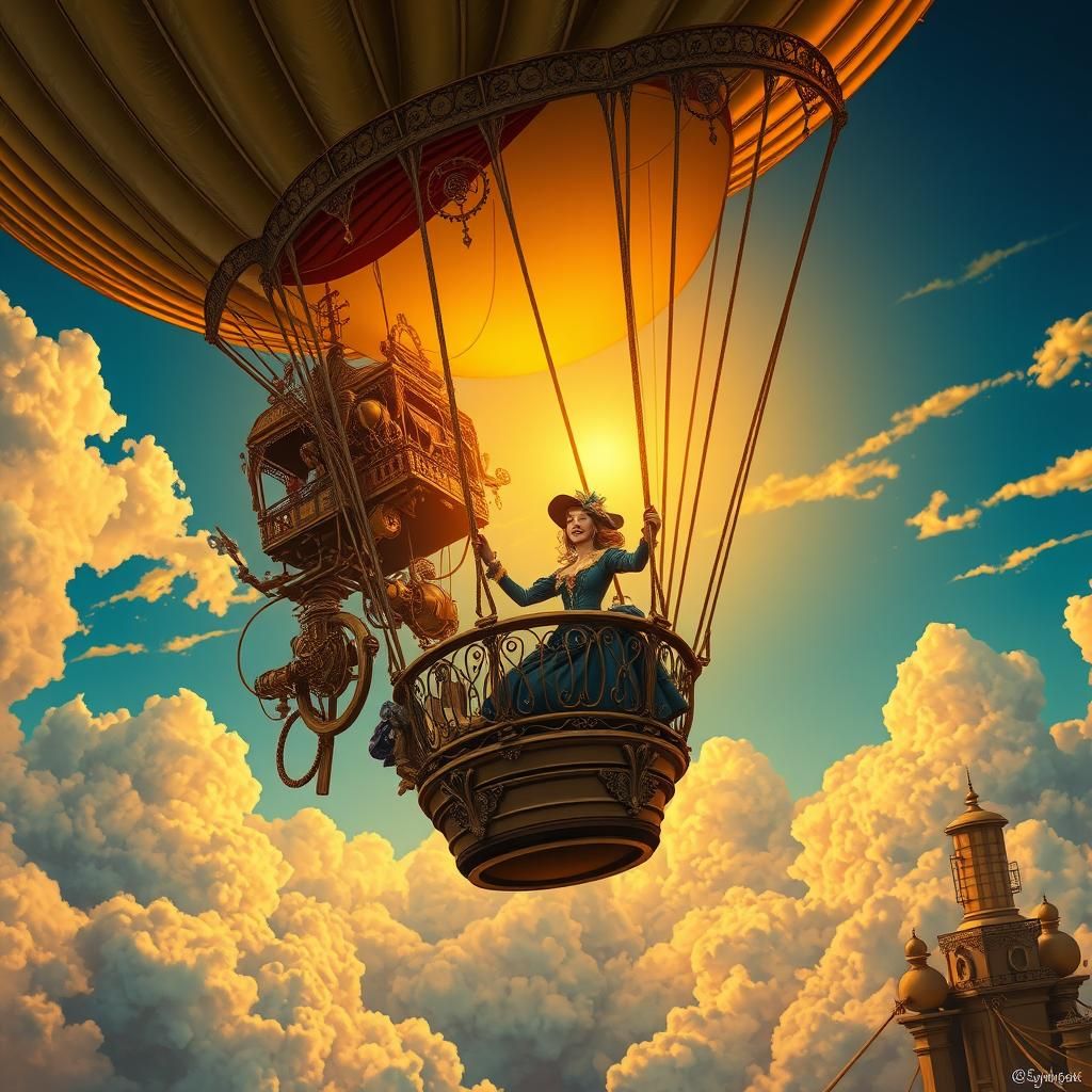 Steampunk Airship Adventure Amidst Cumulus Clouds