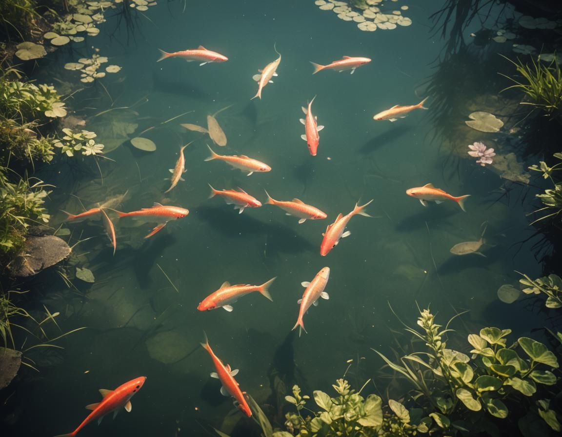 Glowing Fish in Pond: Cinematic Film Still