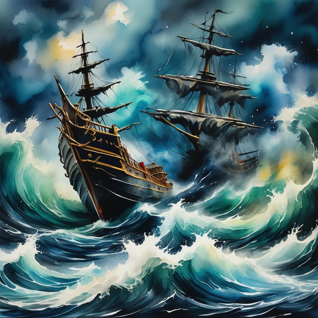 Water Elemental Engulfs Ship: Impasto Watercolor Art