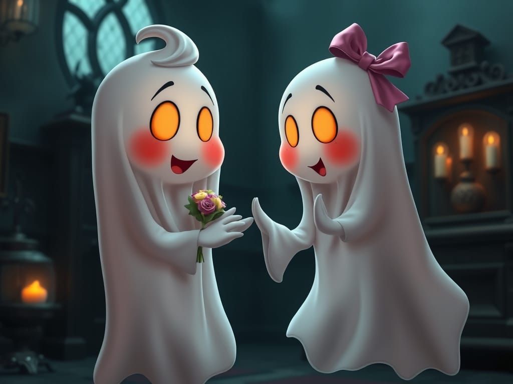 Cute Ghosts Exchange Flowers Inside Haunted House