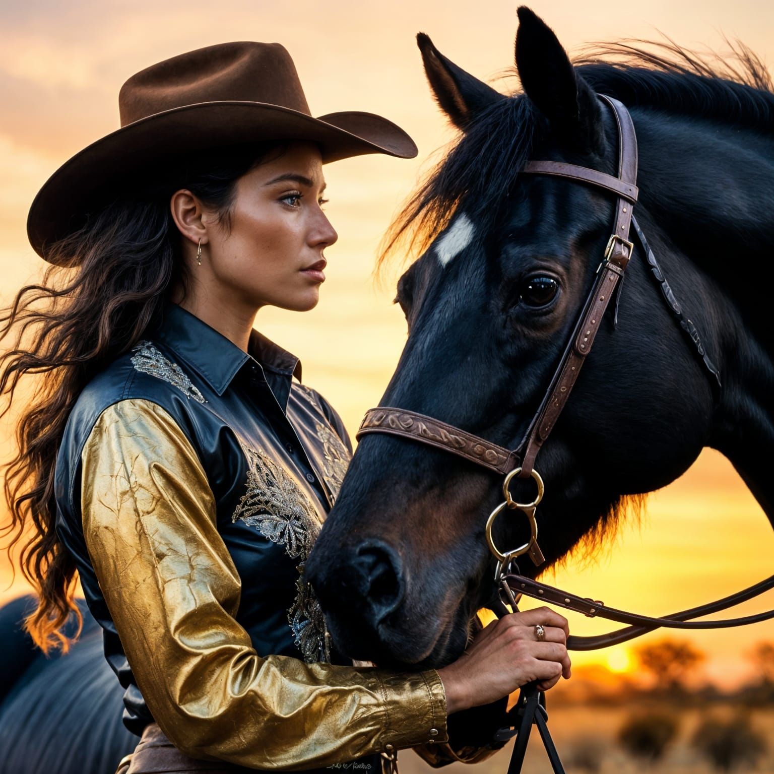 Cowgirl and Stallion at Sunrise: Hyperrealistic Oil Painting