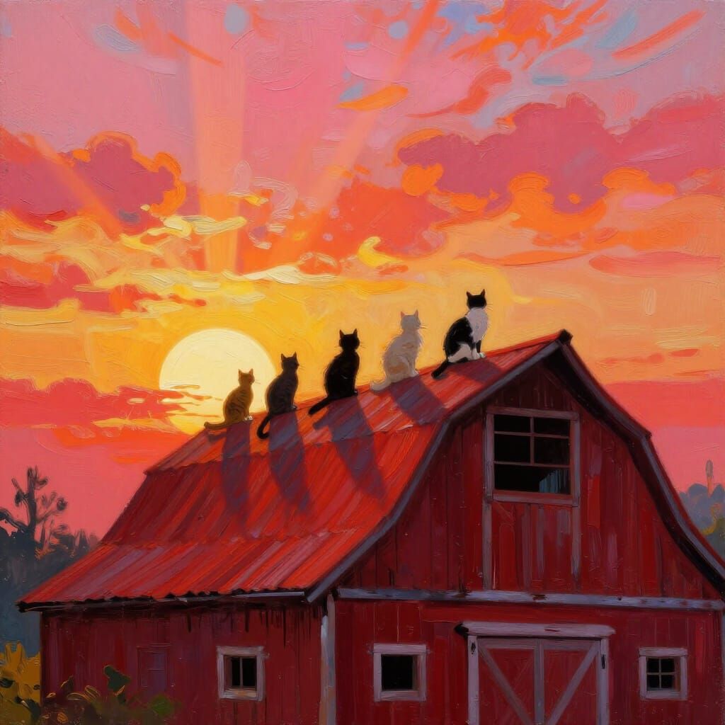 Four Cats on Red Barn Roof at Vivid Sunrise