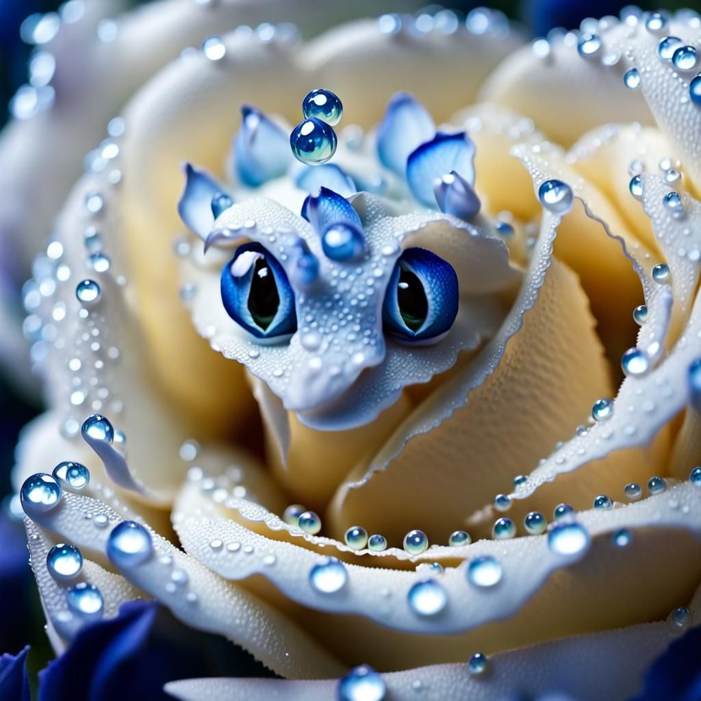 Dragon in Blue Rose with Dew Drops