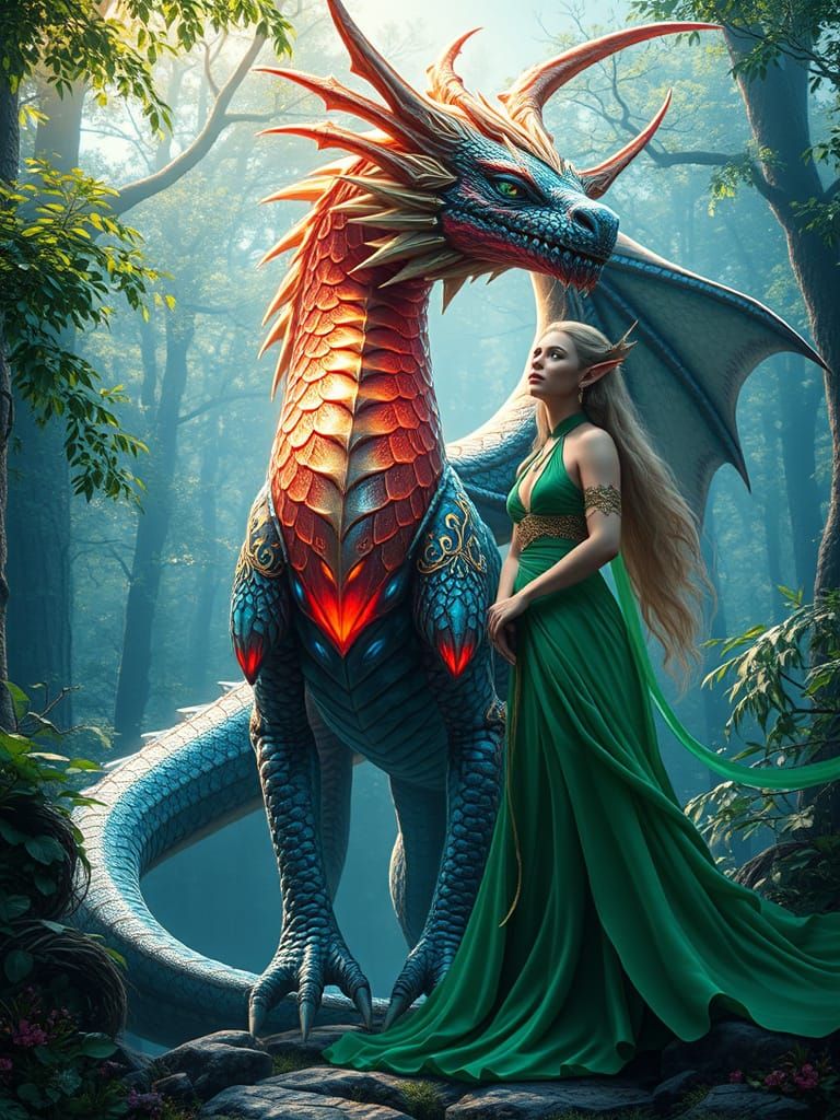 Majestic Dragon and Elf Maiden in Fantasy Forest