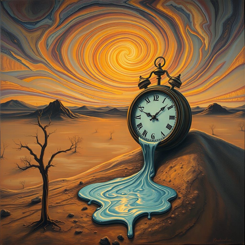 Melting Clock in Desert Landscape as Surreal Oil Painting