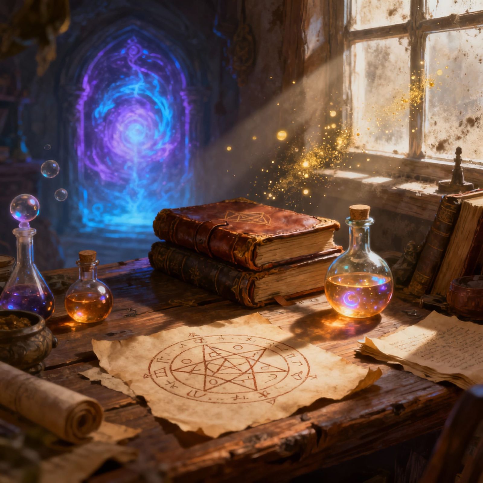 Alchemist's Workbench with Mystical Portal, Storybook Illust...