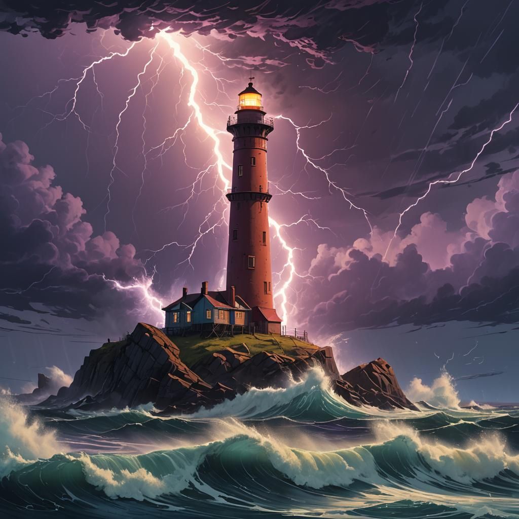 Stormy Seascape: Lighthouse and Lifeboat Concept Art