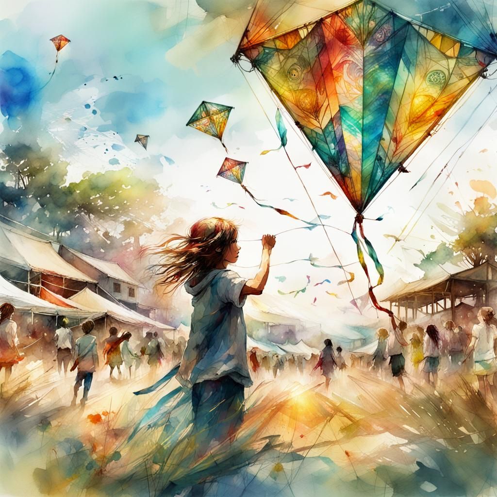 Summer Kite Festival in Digital Watercolor Style